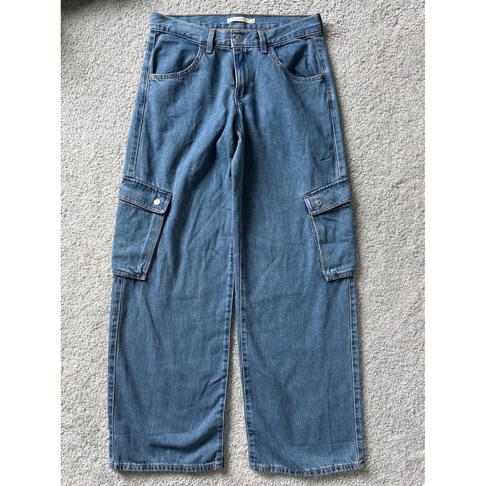 Levis Superlow Cargo Jeans Womens 27 Medium Wash Blue Wide Leg Denim Y2K